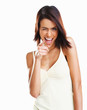 Only you - Happy woman winks as she points her finger to you