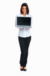 Happy woman holding laptop with blank screen to add your text