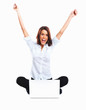 WooHoo!!! I won! - Happy isolated girl sitting with a laptop