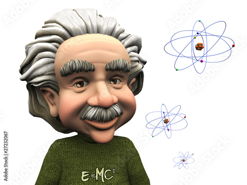 Illustration: Smiling cartoon Einstein with atoms. Smiling cartoon Einstein with atoms.