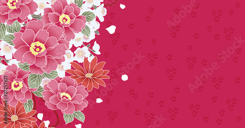 Vector: 椿・菊・桜の花の和柄模様 ピンク 椿・菊・桜の花の和柄模様 ピンク