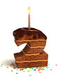 number two shaped birthday cake with lit candle and confetti