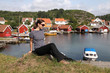 Beautiful tourist in Skjernoya island, Norway