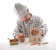 Building a brick house, focused on hands isolated on white, Building a brick house, focused on hands isolated on white,