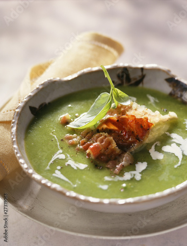 Photo: Cream of pea soup with crisp diced bacon Cream of pea soup with crisp diced bacon