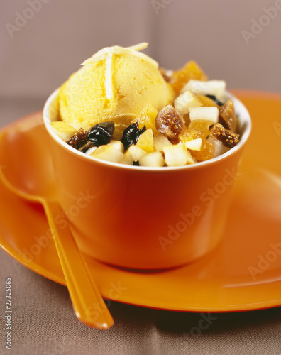 Photo: Fruit slad and mango sorbet Fruit slad and mango sorbet