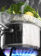 Steam cooking vegetables in a saucepan on a gas cooker