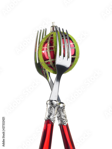 Photo: Two forks with Christmas decoration Two forks with Christmas decoration