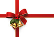 Red silk ribbon with holly and bells on white