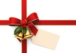 Red silk ribbon with decoration and blank tag on white