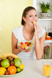 Beauty, young girl eating fruit salad