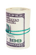Roll of hundred US dollars isolated on white