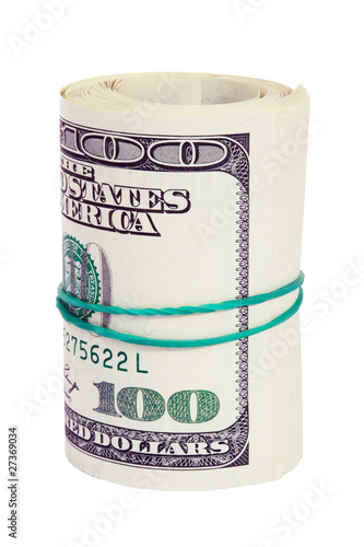 Photo: Roll of hundred US dollars isolated on white Roll of hundred US dollars isolated on white