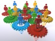 Illustration: Multi colour cogs + 3D figures as a metaphor for a diverse team Multi colour cogs + 3D figures as a metaphor for a diverse team