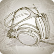 sketch of headphones on the background with floral patterns