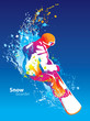 Vector: The colorful figure of a young man snowboarding on a blue sky ba The colorful figure of a young man snowboarding on a blue sky ba