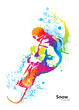 The colorful figure of a young man snowboarding with drops and s
