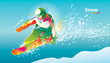 The colorful figure of a young man snowboarding on a blue sky ba