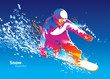Vector: The colorful figure of a young man snowboarding on a blue sky ba The colorful figure of a young man snowboarding on a blue sky ba