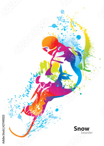 Vector: The colorful figure of a young man snowboarding with drops and s The colorful figure of a young man snowboarding with drops and s