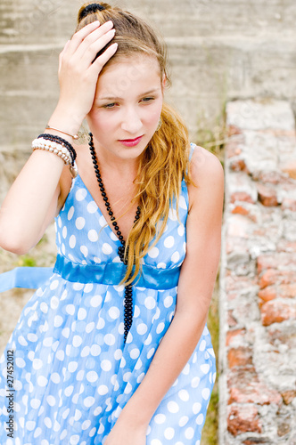 Photo: Fashion girl urbex location blue polka dress Fashion girl urbex location blue polka dress