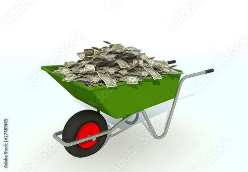 Illustration: wheelbarrow filled with dollar bills wheelbarrow filled with dollar bills