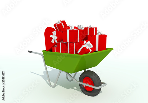 Illustration: wheelbarrow filled with gifts wheelbarrow filled with gifts