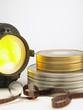 Filmstrip, cans and fresnel light. White background version.
