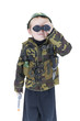 Preschooler army guy looks through binoculars Preschooler army guy looks through binoculars