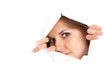 a woman is looking through a window