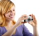 young beautiful woman with a camera (white background)