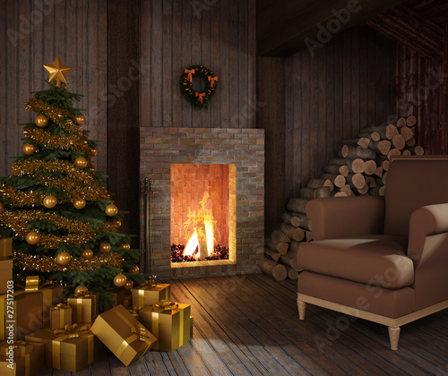 Illustration: rustic hut´s fireplace at christmas rustic hut´s fireplace at christmas