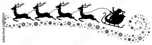 Vector: Christmas Sleigh, 4 Flying Reindeers & Snowflakes Christmas Sleigh, 4 Flying Reindeers & Snowflakes