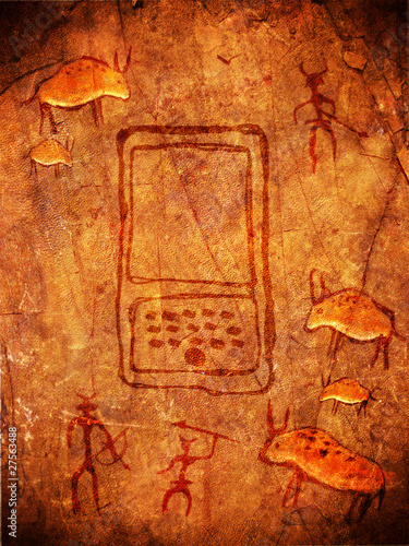 Illustration: prehistoric cave paint with hunters and handheld computer prehistoric cave paint with hunters and handheld computer