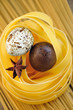 tagliatelle pasta and quail eggs on spaghetti tagliatelle pasta and quail eggs on spaghetti