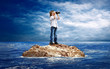 Child with eyesglass on the island in sea.