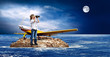 Child with airplane on the island in sea.