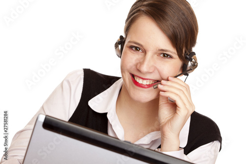 Photo: Frau mit headset lacht glücklich und telefoniert Frau mit headset lacht glücklich und telefoniert