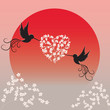 Two birds holding sakura's branches in form of heart