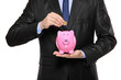 Close up of a man inserting a coin into a piggy bank Close up of a man inserting a coin into a piggy bank