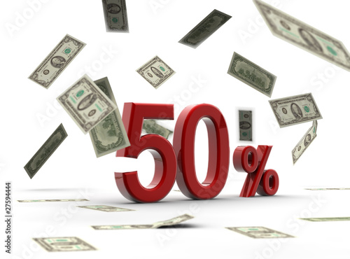 Photo: Red 50 percentage with money Red 50 percentage with money