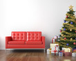 red couch and xmas tree red couch and xmas tree