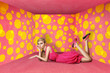 surprised blonde in pink dress