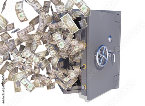 Illustration: dollar bills flying out safe dollar bills flying out safe