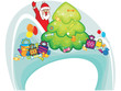 Happy Santa Claus with bags. New Year Winter Christmas card.