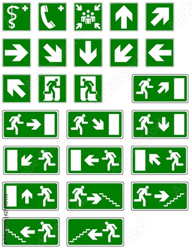 Vektor: Sortiment von Fluchtwegsymbolen / Piktogrammen Sortiment von Fluchtwegsymbolen / Piktogrammen