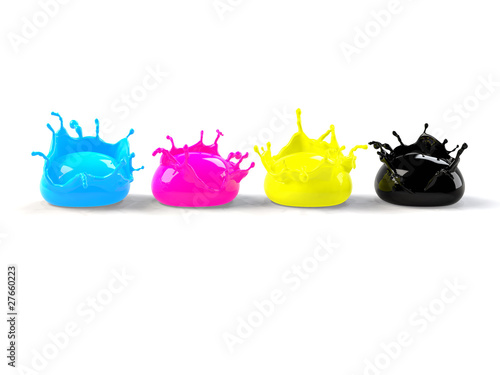 Illustration: CMYK splash drops on white bg CMYK splash drops on white bg