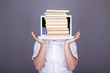 Funny men with books and white notebook.