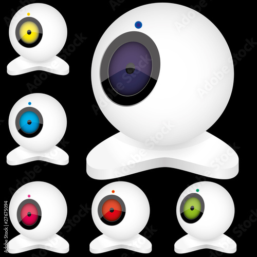 Vektor: Set of white webcams with bright lights, vector illustration.. Set of white webcams with bright lights, vector illustration..