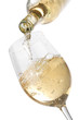 Pouring white wine into a glass, isolated on white background Pouring white wine into a glass, isolated on white background